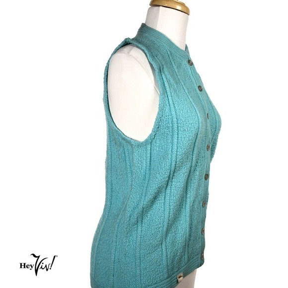 Vintage Turquoise Button Up V Neck Vest Sweater Deadstock 1970s Sz 36 - Hey Viv - Picture 5 of 6